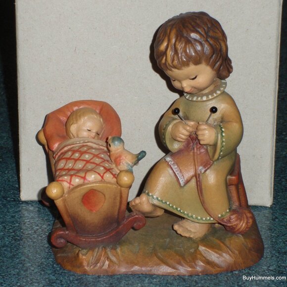 Anri 6" Wood Carving Figurine "Rock A Bye" Italy Baby Shower Gift Signed W Box!